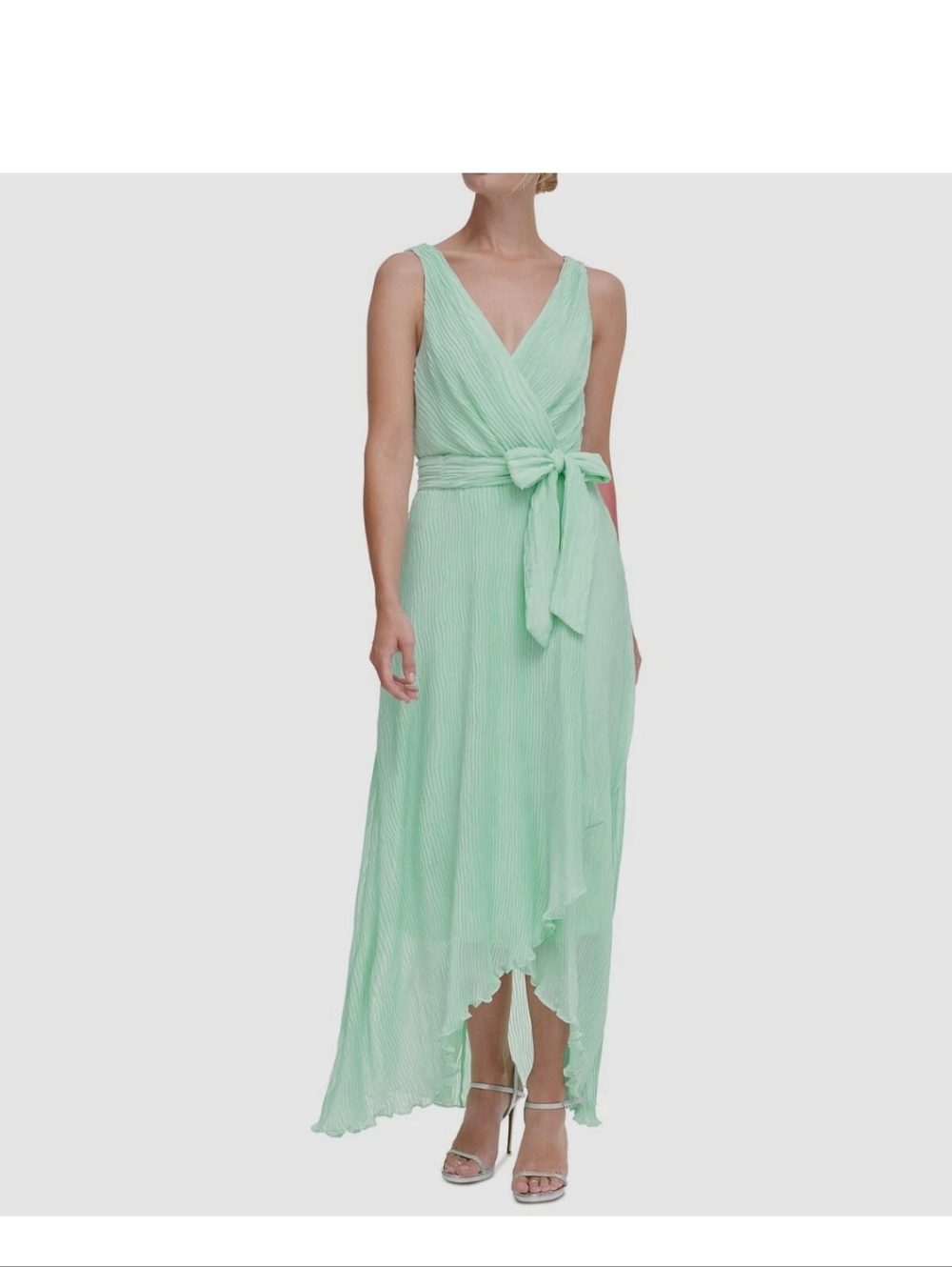 DKNY Mint Green Chiffon Wrap Maxi Dress Sz 8 Sleeveless Pleated Belted Cocktail